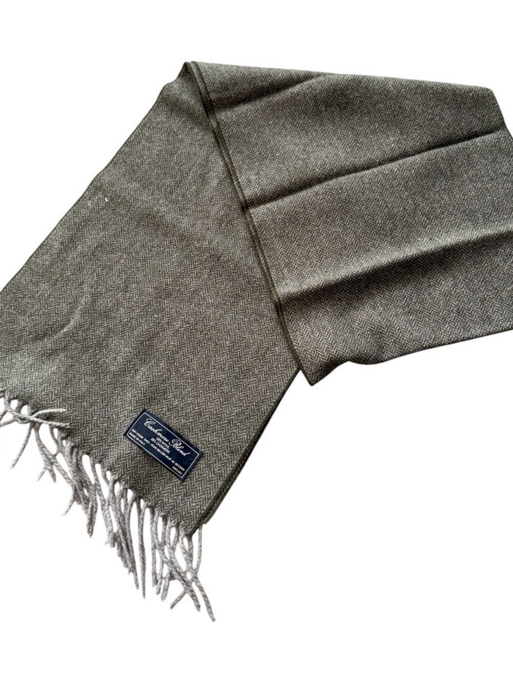 NIB Men’s Cashmere & Wool Blend Wool Herringbone Scarf Made in Italy Fringe